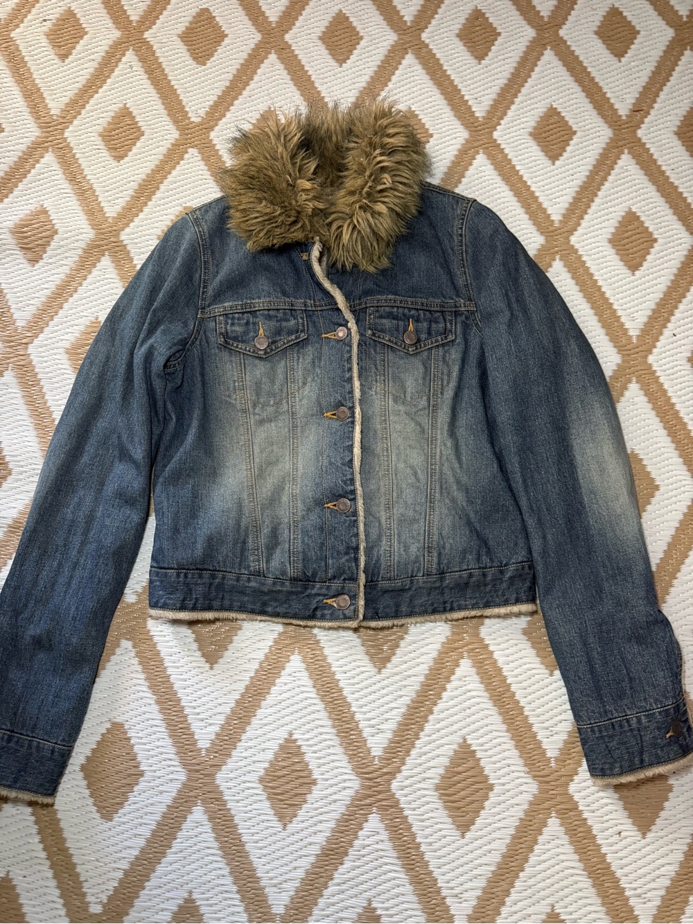 Abercrombie & Fitch Blue Denim Jacket with Tan Faux Fur Collar